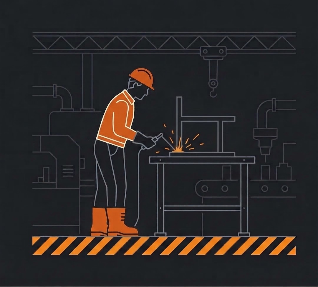 Line illustration of a worker in a hard hat and safety boots welding a steel frame at a workbench